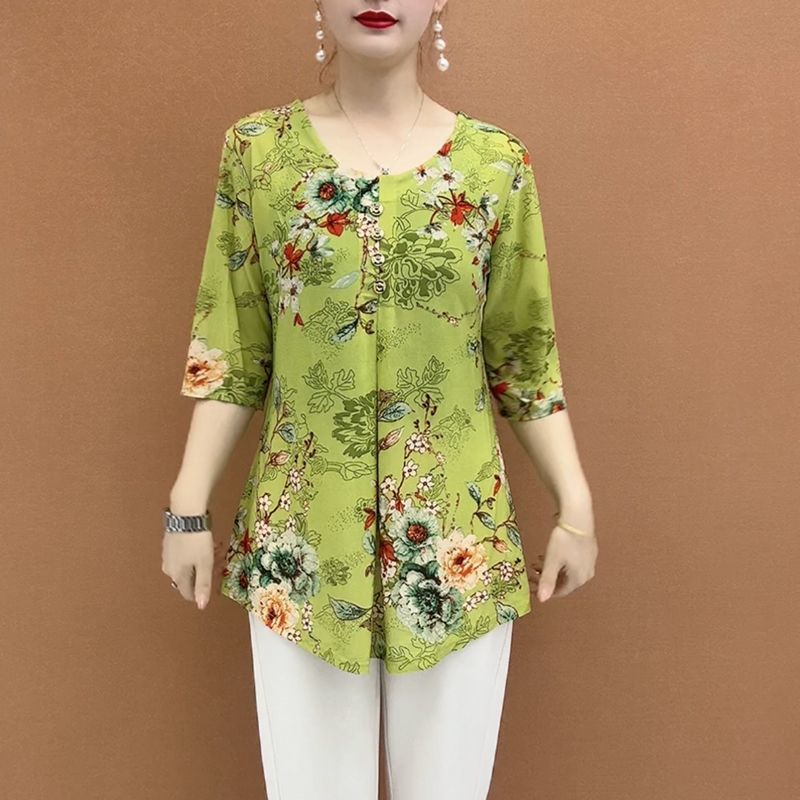 Summer Ice Silk Floral Blouse for Women Loose Round-neck Short-sleeve Pullover Printed Blouse