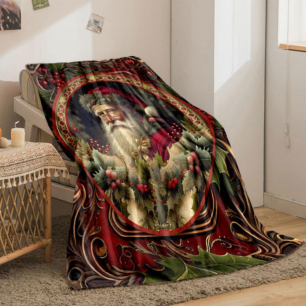 Christmas Santa Claus Holly Pattern Blanket bedroom Blanket for Livingroom Couch lunch break Soft throw for Friend's festival Gift