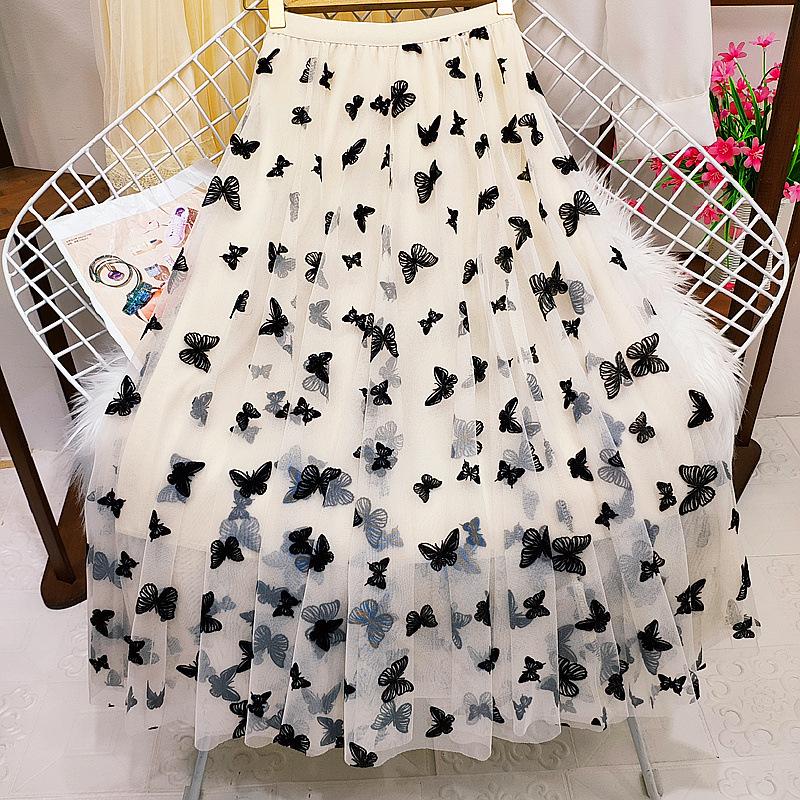 Butterfly Flocking Fairy Mesh Skirt Skirt Skirt Skirt Autumn and Winter Splicing Pleated Skirt Mid-length A-line Skirt