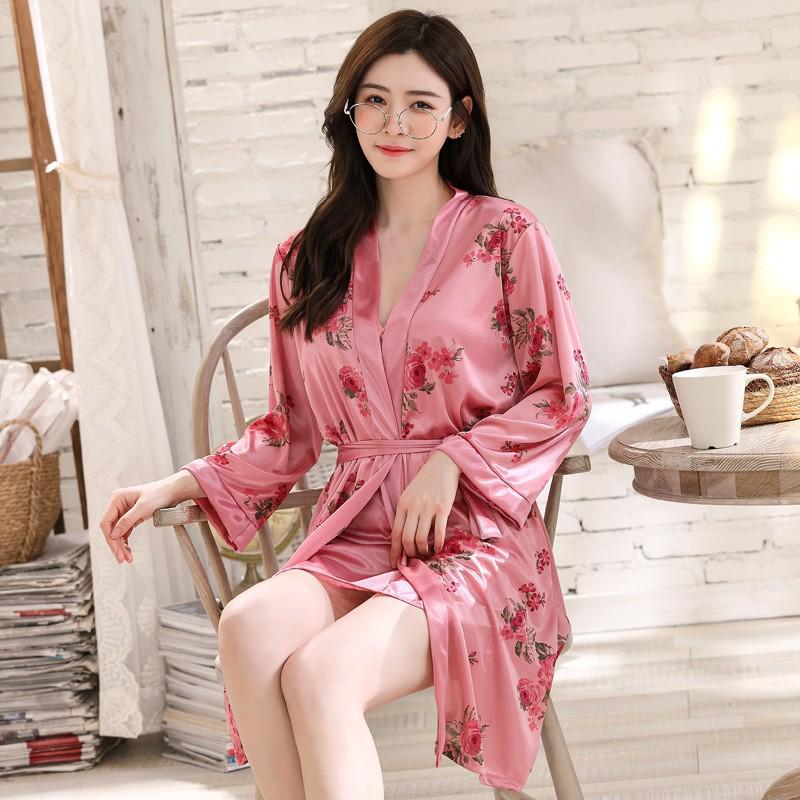 Women's Summer Long-Sleeve Ice Silk Nightgown with Lace