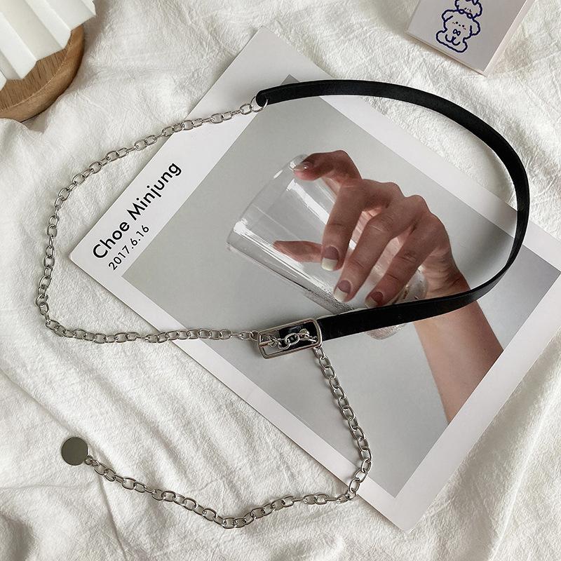 Thin Belt Women Metal Chain Black Pu Leather Splicing Belt Trendy Shirt Decoration Suit Matching All-Match Dress Shirt Chain