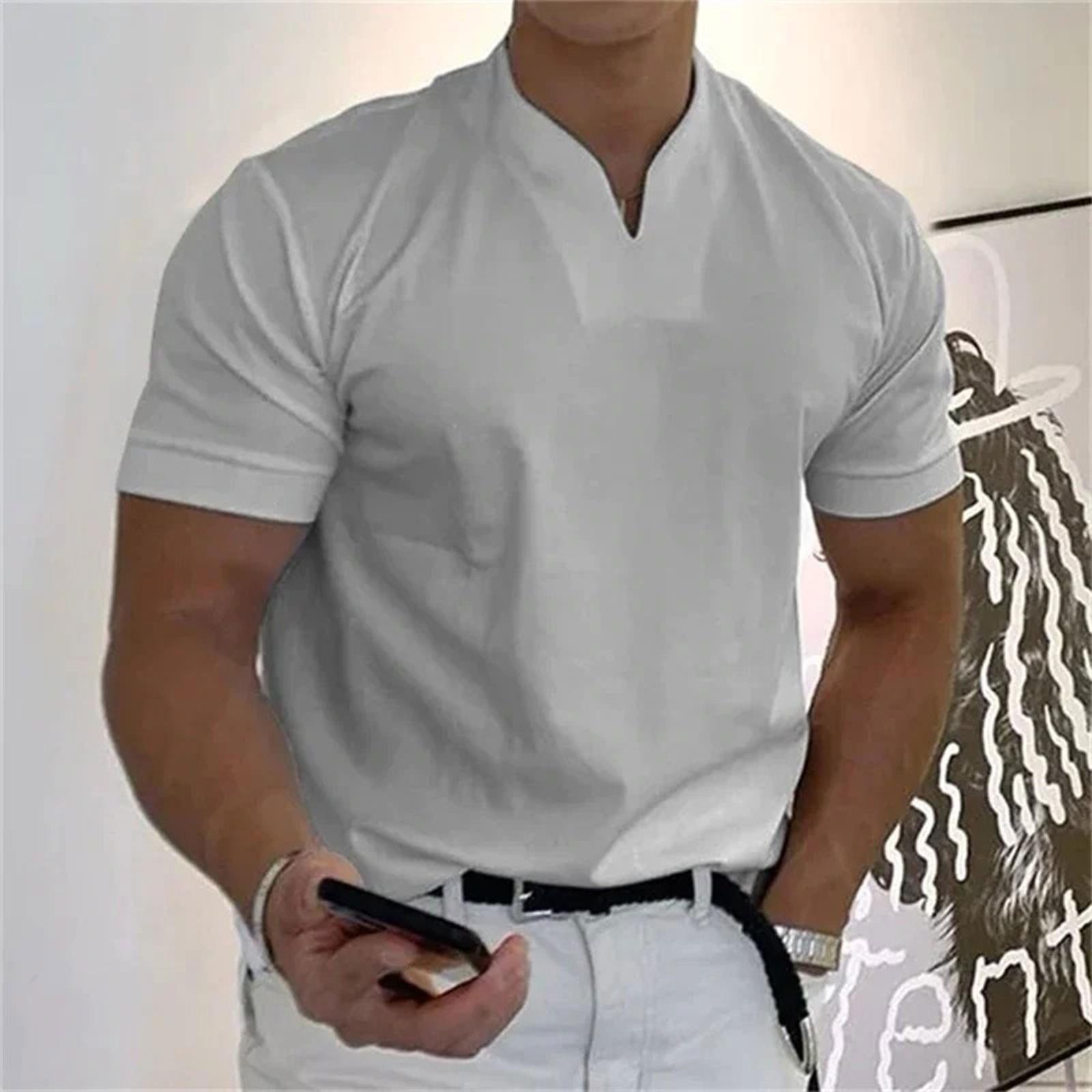 

Men s Casual Solid Color V-Neck Gentleman s Business Short Sleeve Fitness T-Shirt L