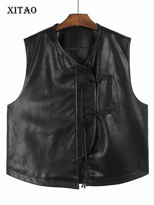 Gilet vintage en PU couleur unie, col en V, simple boutonnage, sans manches, simple et polyvalent, pour femme, DMJ3889