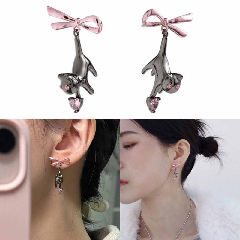 Harajuku Y2k Accessories Scare Black Cat Pink Bowknot Earring Niche Design Trend Animal Earings Jewelry for Women Girl