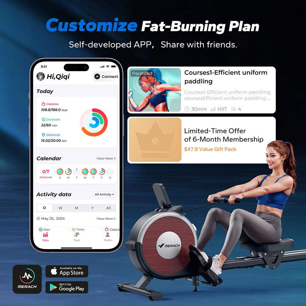 MERACH Q1S Magnetický veslovací trenažér, 16 úrovní odporu, nosnost 350 liber, dvojitá lišta, LCD monitor, kompatibilní s aplikací, elektrické nastavení, černý