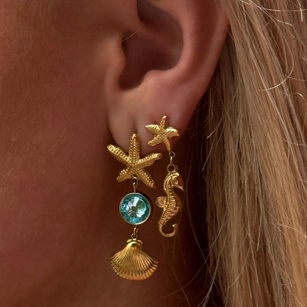 Stainless Steel Starfish Seahorse Dangle Earrings For Women Dainty Blue Rhinestone Seashell Drop Earrings Summer Beach Jewelry
