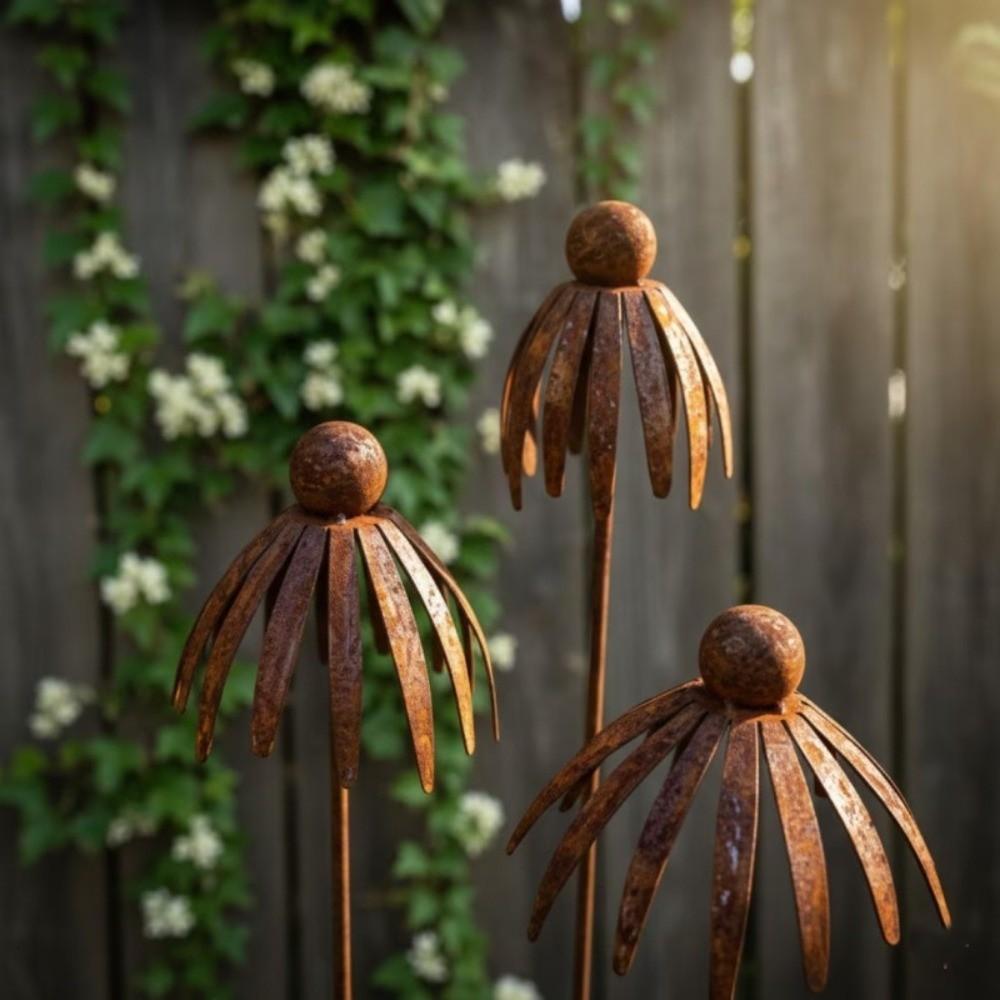 Long Stakes Metal Daisy Stake Rusted Iron Rustic Garden Art Curved Petal Stake Garden Yard