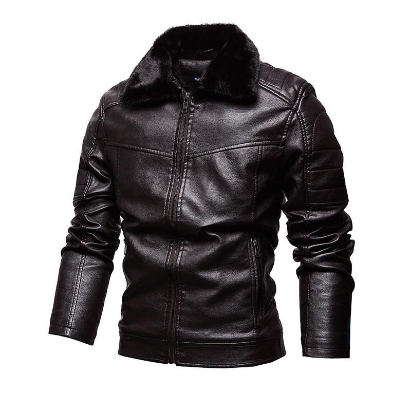 Mens Winter Warm Thickened Fleece-Lined PU Leather Jacket With Detachable Fur Collar Zipper Front Stylish Urban Outwear