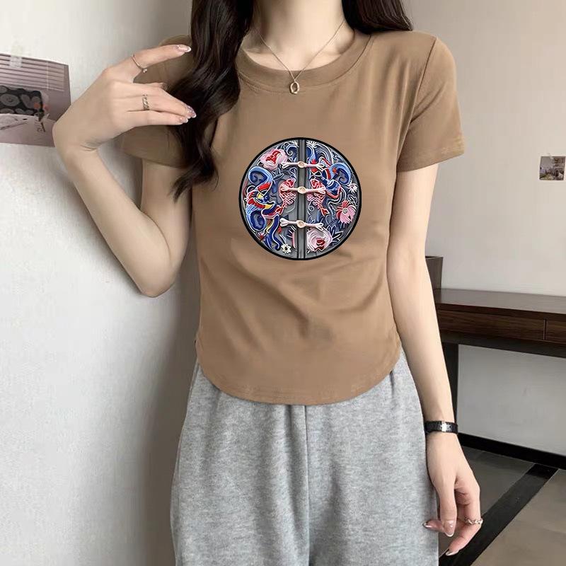 

Burgundy shoulder round neck short-sleeved t-shirt women s new loose cotton foreign-style t-shirt half-sleeved top in summer 2025 XXL