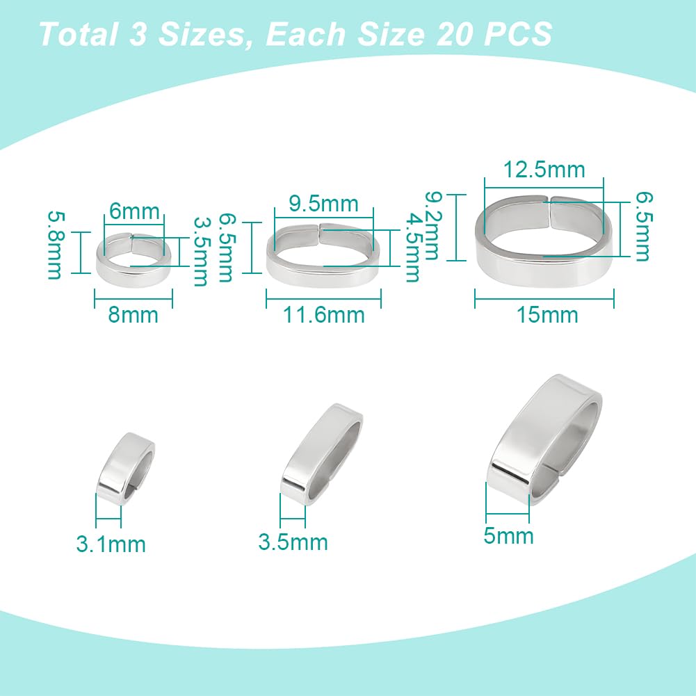 60 Parça 3 Stil 304 Paslanmaz Çelik Kaydırmalı Takılar/Kaydırmalı Boncuklar Deri Kordon Bileklik Yapımı İçin Oval Paslanmaz Çelik Rengi 3.1x8x5.8mm Delik: 6x3.5mm