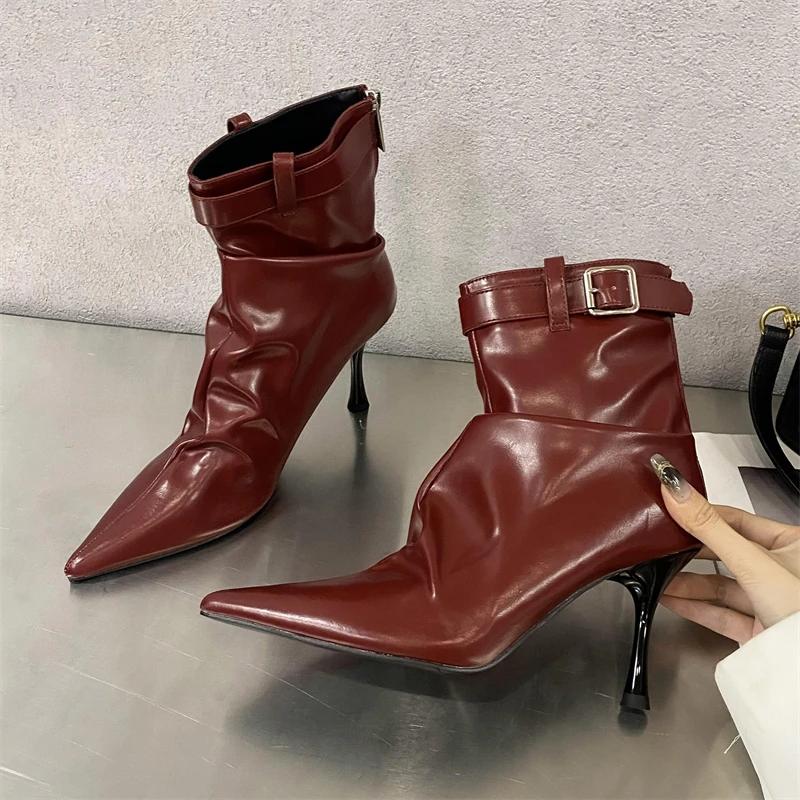 Eilyken Autumn Winter New Design Belt Buckle Pleated Women Ankle Boots Concise Pointed Toe Thin Heels Shoes  De Mujer