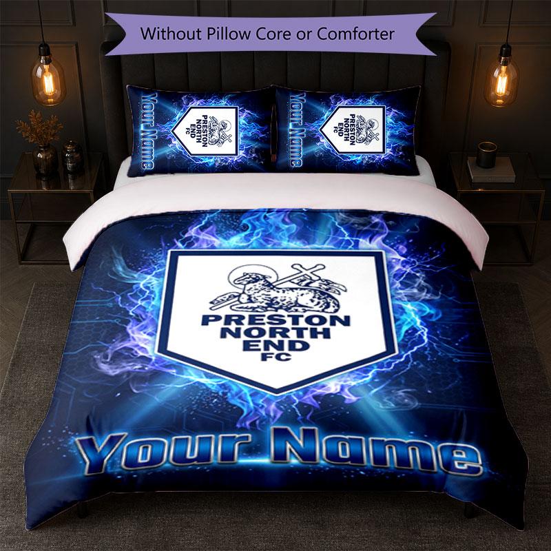 Preston North End Custom Name Text Bedding Set 1 Duvet Cover+2 Pillowcases Soccer Logo Personalized Gift For Special Occasion Bedroom Decor