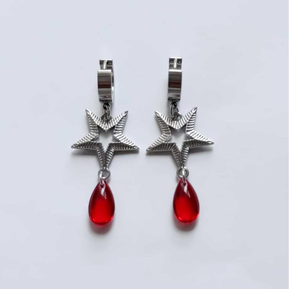 Mysterious Gothic Sliver Color Hollowed-out Five-pointed Star Red Teardrop Glass Crystal Pendant Hoop Earrings for Women Jewelry