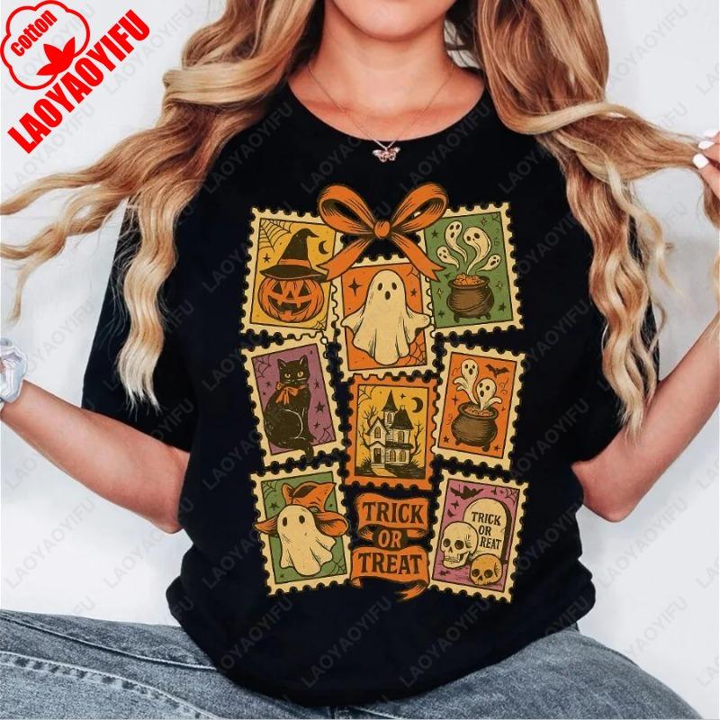 Vintage Halloween Cat Ghost Pumpkin Girly Preppy Clothing Party Gifts Decor Men Women Cotton Tops All Saints Day Vintage Tshirt S