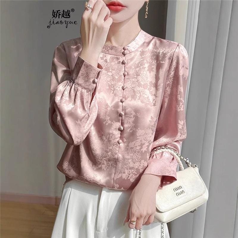Cămașă din Mătase Jacquard Satin Chinezesc Pentru Femei Primăvară Vară Nouă Top Bluză Elegantă și Confortabilă cu Mânecă Lungă și Gât Rotund