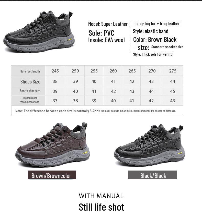 Men's Large Winter Cotton Crocodile Pattern Snow Boots with Velvet Lining