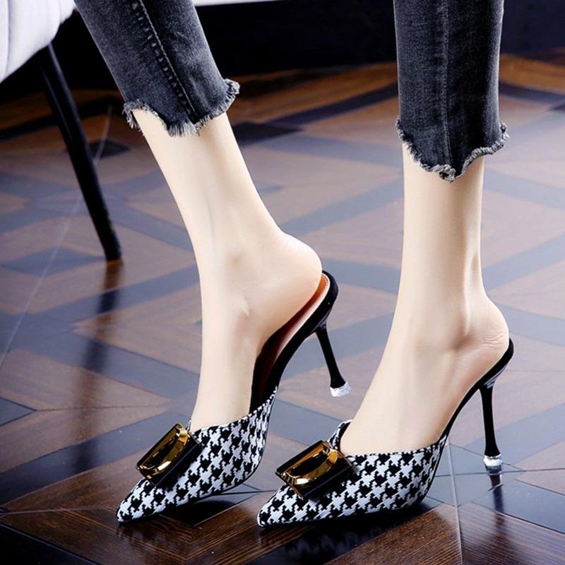 Qiandongge Bag Head High-heeled Half-slippers for Women Wearing Summer Pointed Metal Square Buckle Thin-heeled Cool Slippers