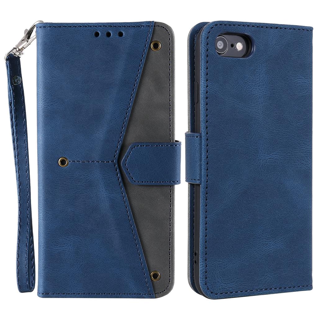 For iPhone 16e Leather Case Splicing Stitching Wallet Phone Cover with Wrist Strap