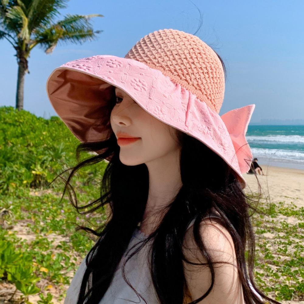 New Foldable Summer Beach Vacation Hat Colorful Lace Straw Sun Hat Women Crochet Straw Bucket Hat