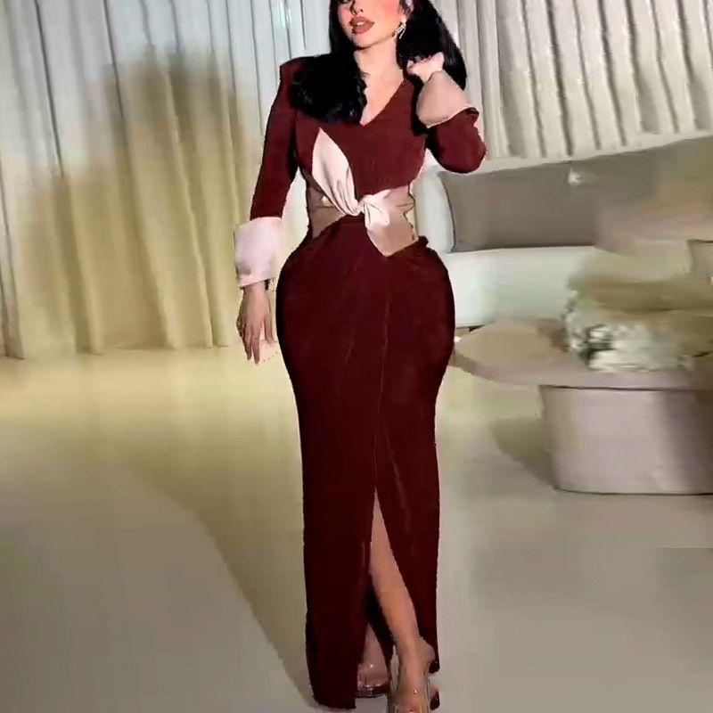 

New European and American Sexy Knot Side Slit Mid-Length Wine Red Banquet Formal Dress Stretch Dress Burgundy 3XL