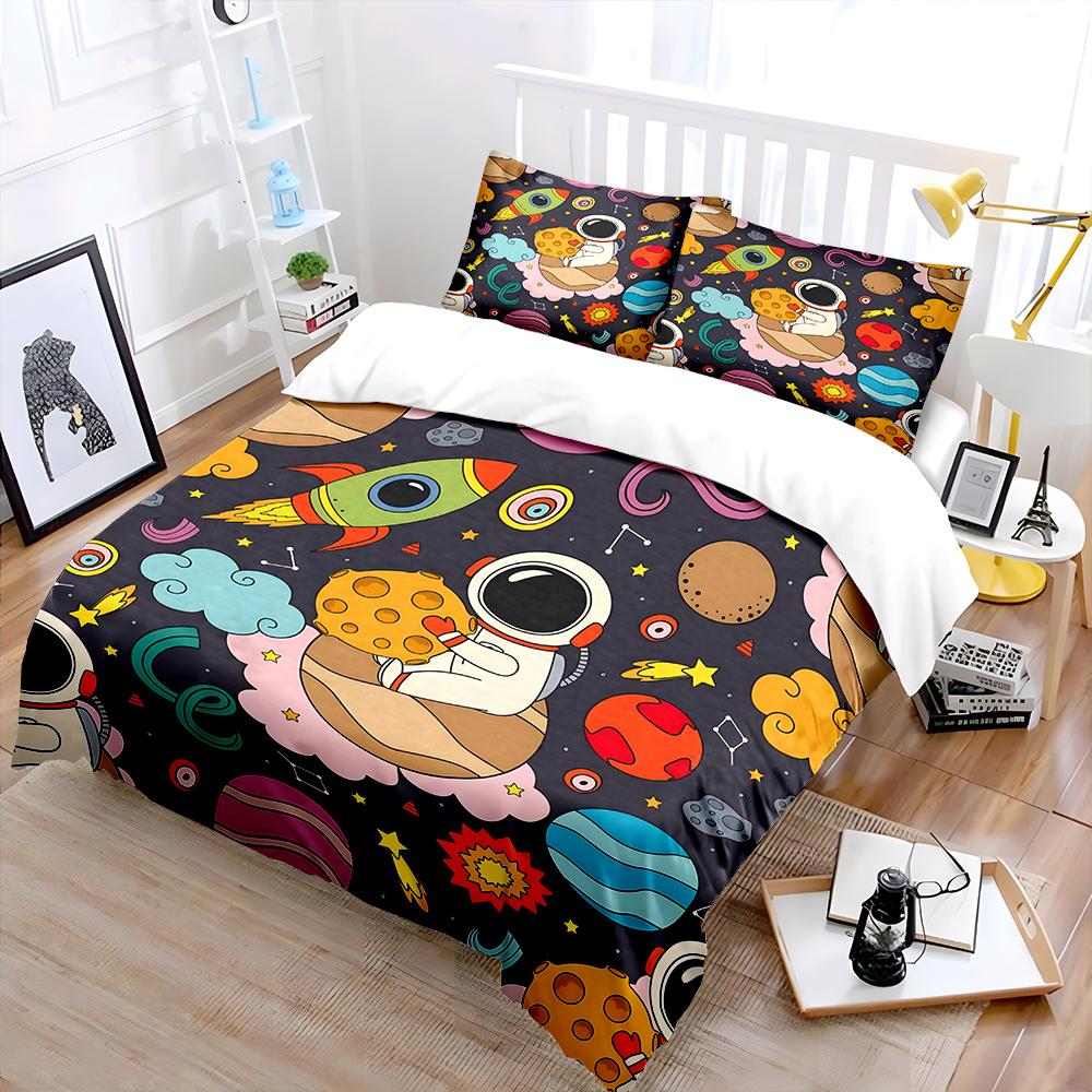 Cartoon Space Scene Astronaut Planets Bedding Set For Kids Luxury Gift 3Pcs Digital Print Comforter Set Soft Comfortable
