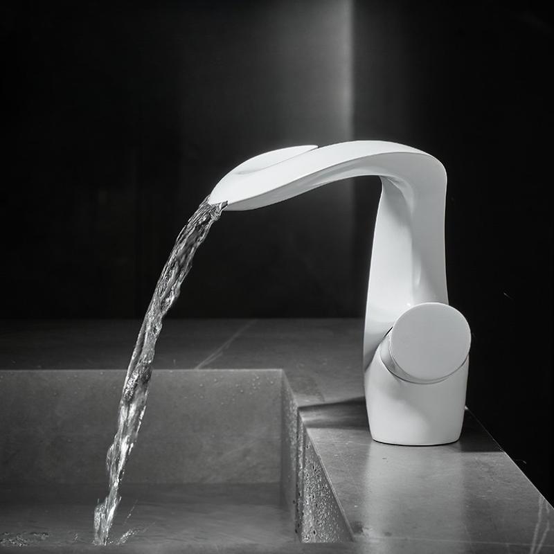 Waterfall Faucet Bathroom Basin Faucet Cold and Hot Brass Mixer Sink Taps White Black Torneira Banheiro Single Hole Deck