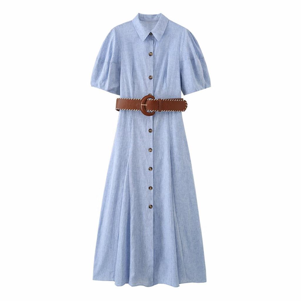 European and American Style, New Women's Clothing, Foreign Style Bubble Sleeve Lapel with Belt Linen Dress