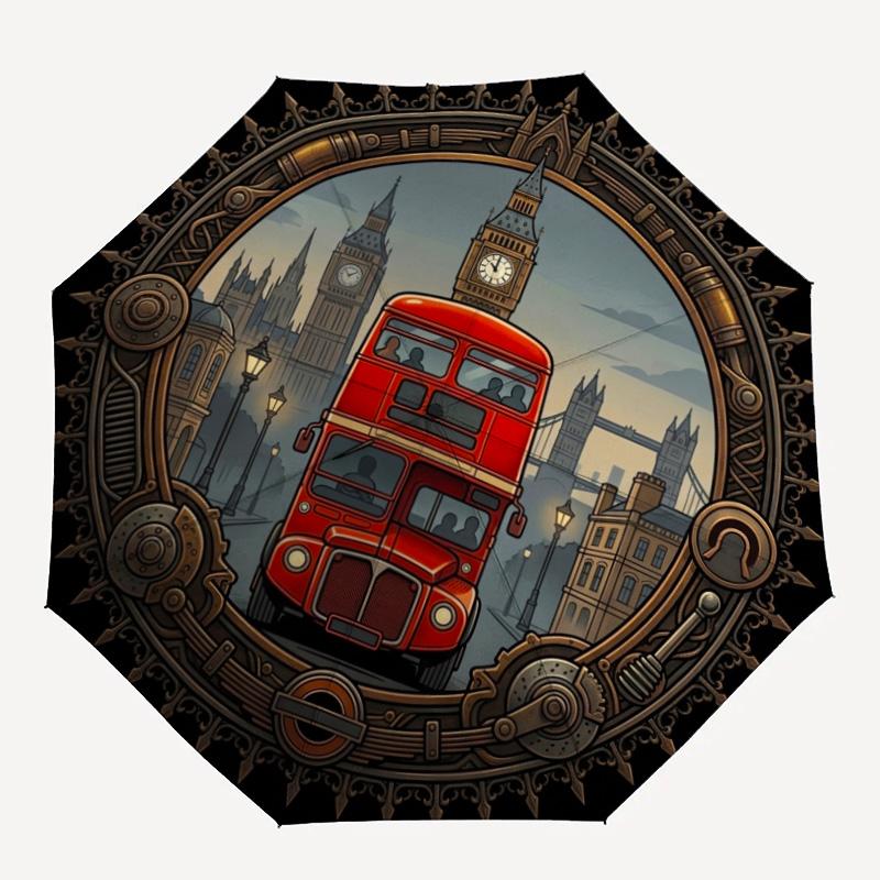 London Bus Steampunk pattern umbrella, portable and foldable design, 8 ribs, a casual accessory for Halloween, Christmas, and birthday gifts.