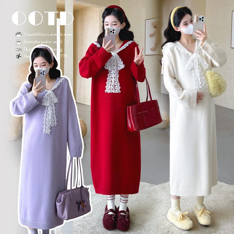 Korean Style Oversized Plus Size Dress with Navy Collar and Lace for Fall/Winter 2XL фиолетовый