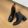 Quiet Sole Soft Leather Ankle Boots Women's Autumn Winter Thick Heel High Heel Lace-up Ankle Square Head High Heel Short Boots