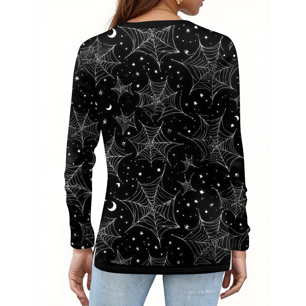 Haut T-shirt Décontracté Mode Femme Imprimé Halloween Col en V Bouton Bordure Manches Longues