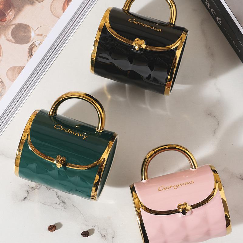Nordic Gold Plated Handbag Ceramic Cup with Handle Single Cup Opening Small Gift Souvenir Mug Set Large Capacity