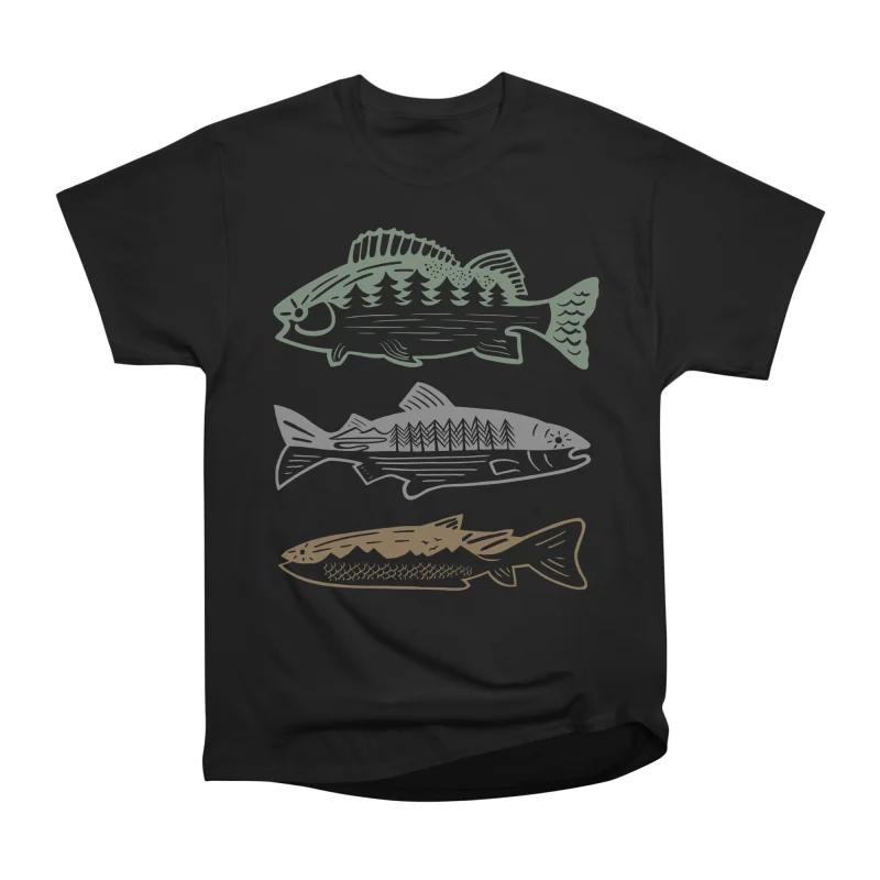 

Men Casual Shirts Short Sleeves RETRO FISHING LANDSCAPE SALMON BASS TROUT SILHOUETTE Black Tees Oversized T-shirts S чёрный