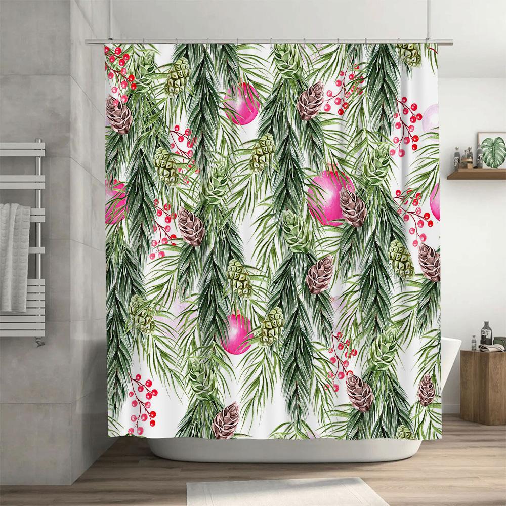 Greenery Bathroom Shower Curtain Set Featuring Pine Cones Poinsettias Christmas Home Decor In White with Red Accents (40 X 72)