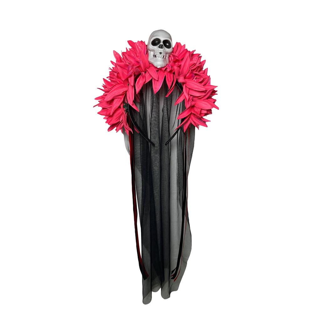 Halloween Long Ribbon Veil Floral Hair Band Girls Day Of The Dead Red Rose Flowers Headdress Party Cosplay Gothic Head Hoop