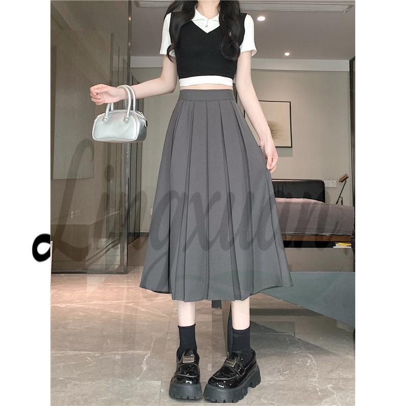 Chic Summer Pleated A-Line Skirt - Plus Size, Age-Reducing, Solid Color, Mid-Length