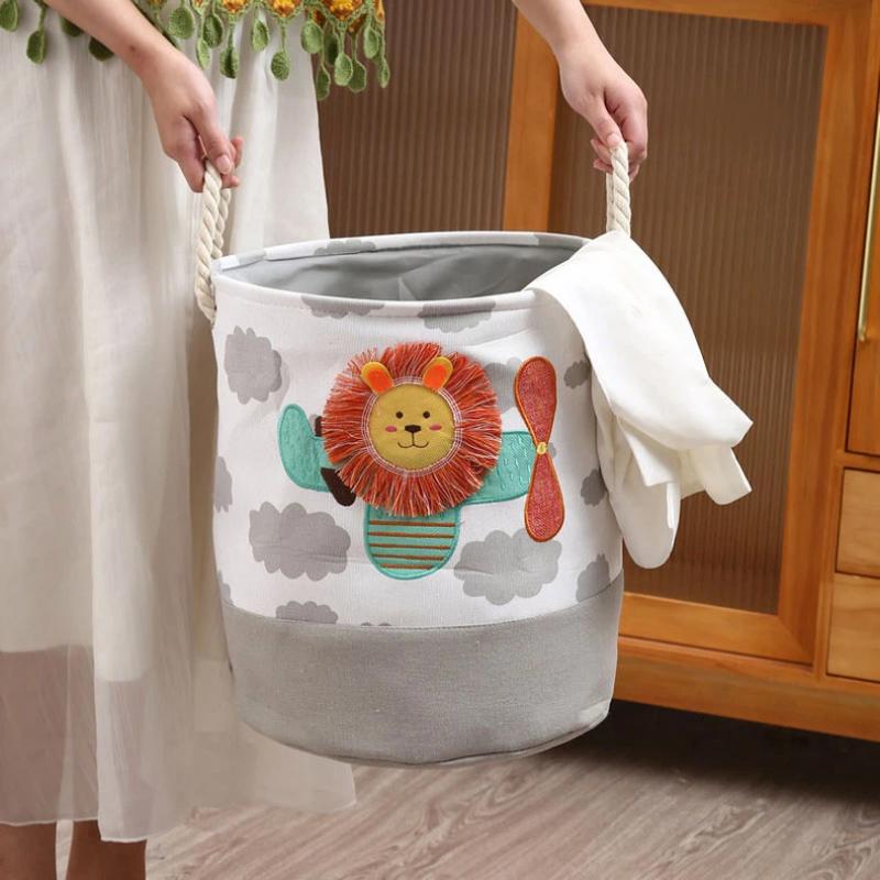 Cartoon Toy Storage Basket & Foldable Canvas Laundry Hamper Collapsible Clothes Organizer Bin with Handles for Kids Room