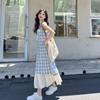 Girls' Blue Plaid Strappy Dress with Lace Patchwork Skirt - New Summer Design