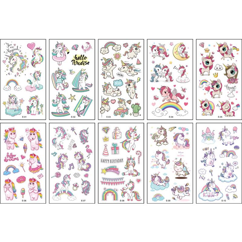 10Sheets/lot Children Cute Cartoon Unicorn Temporary Tattoo Stickers Baby Shower Kids Body Makeup Sticker Tattoos Mermaid Party
