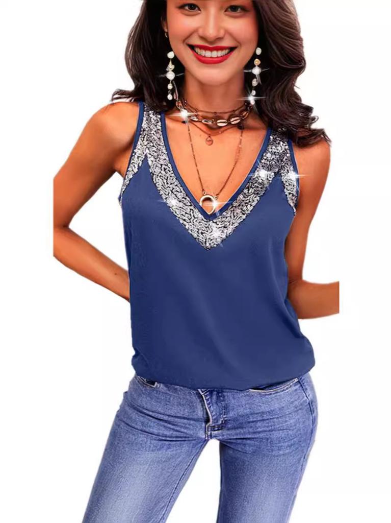 2024 Summer, Cross-border New Women's Clothing, Solid Color V-neck Beads Shiny, Sleeveless Vest T-shirt Top