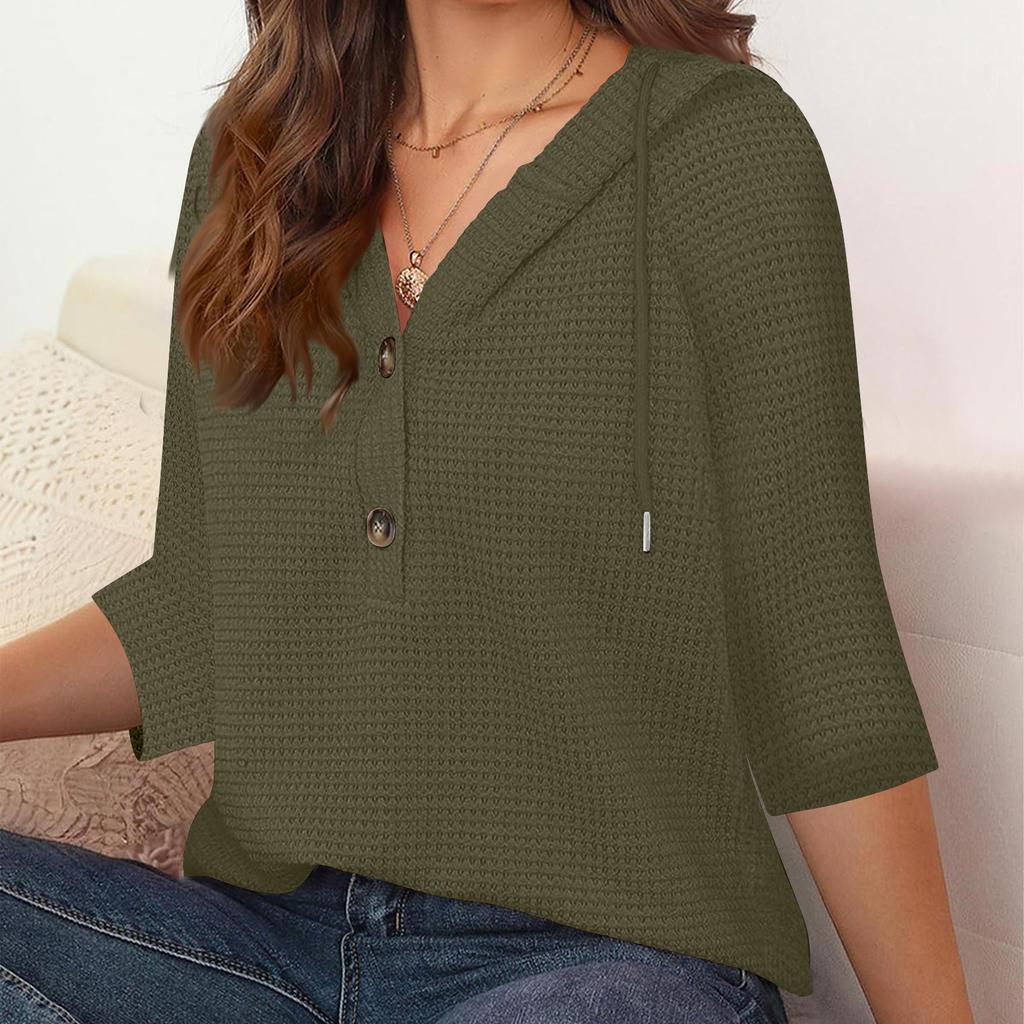 Women's Fashion Seven Sleeve Hooded Button V-Neck Casual Hooded Sweatshirt Top