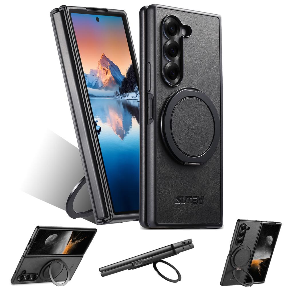 SUTENI G3 For Samsung Galaxy Z Fold7 5G Case Compatible with MagSafe Waxy Texture Rotating Kickstand Leather Phone Back Cover