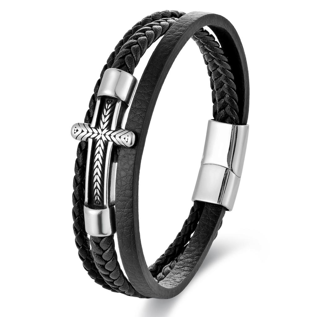 Black Leather Rope Cowhide Men's Double Layer Genuine Leather Woven Bracelet Handmade Multilayer Leather Cross Bracelet 2026
