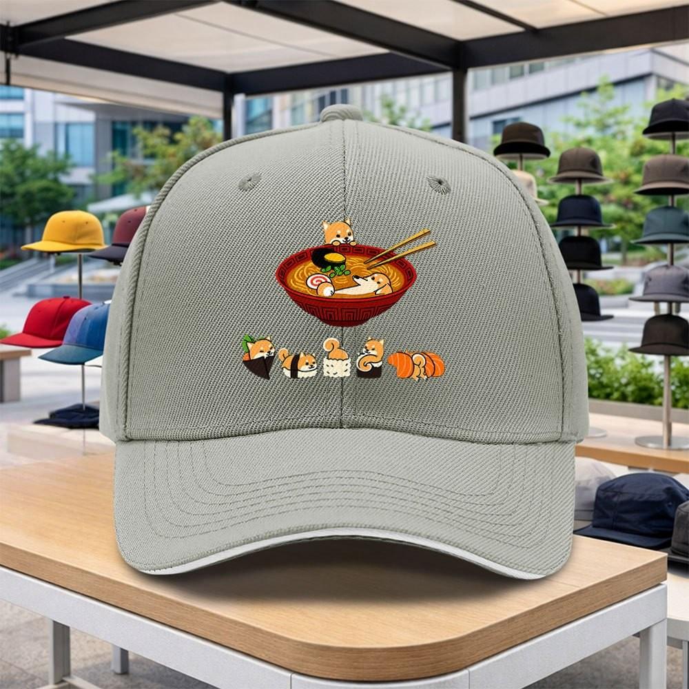 Shiba Inu Ramen Sushi Print Baseball Cap Adjustable Curved Brim Lightweight Casual Hat For Fans Themed Events