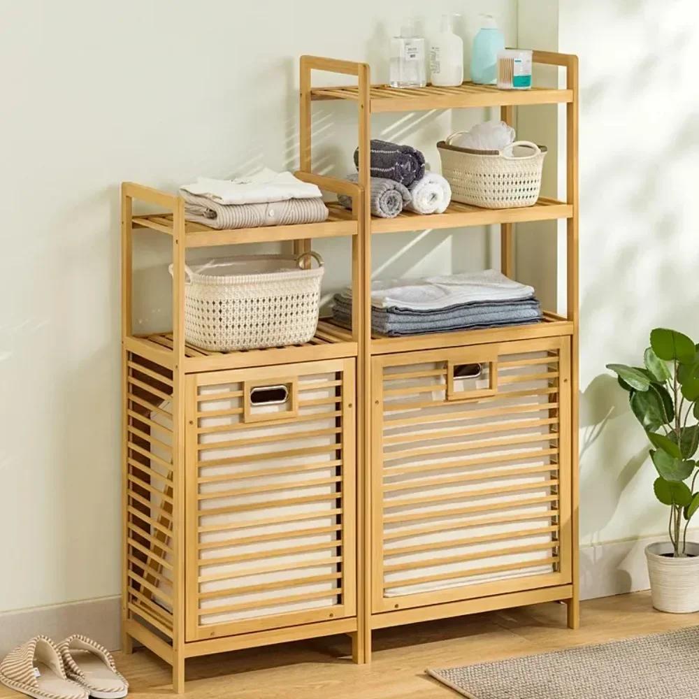 Laundry Hamper with Shelf 3/4 Tier Wooden Storage Rack High-capacity Dirty Clothe with Tilt Out Basket Bathroom Laundry Basket