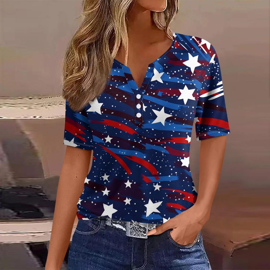 Dámské tričko Tričko Potisk knoflíku Krátký rukáv Denní víkend Móda Basic Top s výstřihem do V
