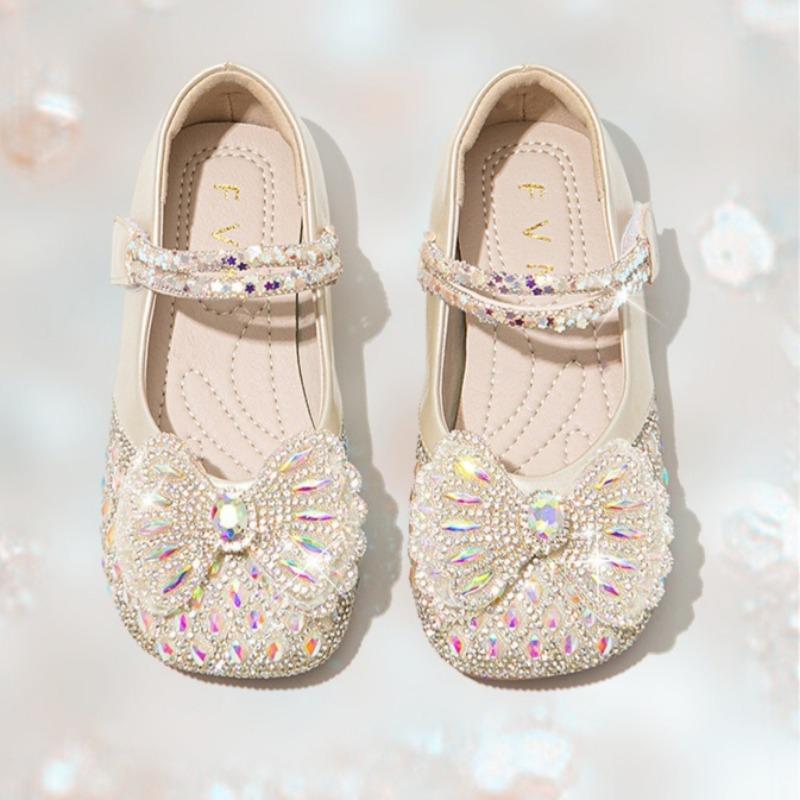 Girls' Shiny Princess Shoes with Bow Rhinestones Small Leather Shoes Fashionable Soft-soled Crystal Shoes