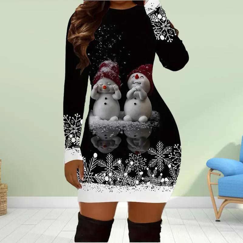 Women's Long Sleeve Midi Dress Round Neck Long Sleeve Bodycon Dress 3D Print Bodycon Dress