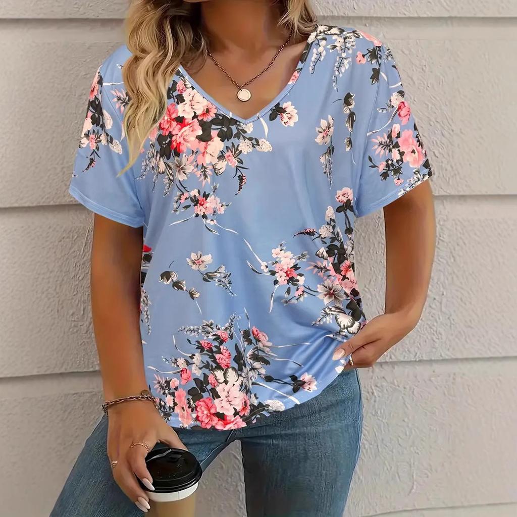 Modische und bequeme Damen-T-Shirts mit V-Ausschnitt und kurzen Ärmeln mit Pflanzenmuster
