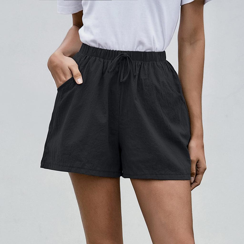 Women's Fashionable Color Drawstring Elastic Waist Pocket Casual Loose Shorts